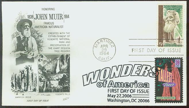 Wonders of America Tallest Trees 2006 and John Muir 1964 Combo First Day Cover