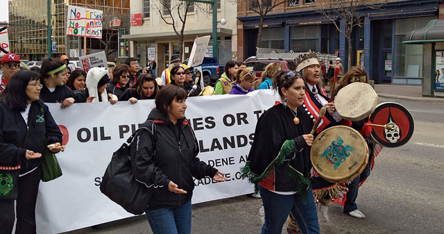 Members of the Yinka Dene Alliance protest the Northern Gateway pipeline in Edmonton, Alberta