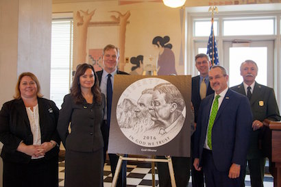 Unveiling Ceremony of 2016 National Park Service Centennial Commemorative Coin. From left to right: National Park Service Centennial Coordinator Alexa Viets, Treasurer of the United States Rosie Rios, National Park Foundation President/CEO Will Shafroth, U.S. Representative Erik Paulsen, Scottish Government Counsellor for the Americas Donnie Jack, and National Park Service Director Jonathan B. Jarvis.