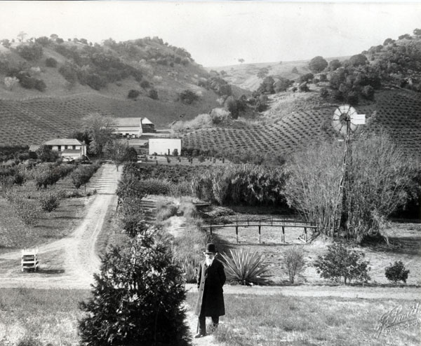 Dr. John Strentzel, 1885, on the ranch with vineyards and Martinez Adobe, 1885, National Park Service photo