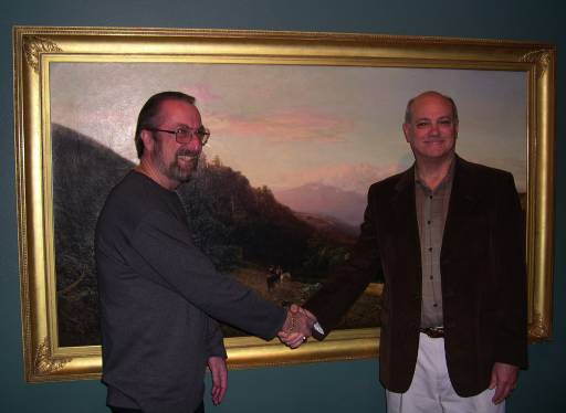John Muir and Joseph LeConte's great-grandsons, David Hanna and John LeConte meet for the first time in front of a William Keith painting in the Saint Mary's College museum on January 16, 2005