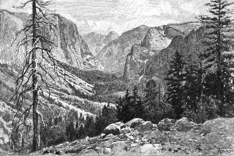 [View of the Yosemite Valley from Point Lookout--El Capitan on the left, the Bridal Veil Fall on the right, the Half Dome in the distance.]