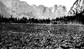 [Destructive work in Yosemite Valley: the Leidig Meadows plowed up in October, 1888, to raise hay. (Process reproduction from a photograph.)]