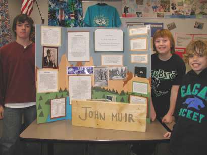 Reide, Joe and Mitch with History Day display on John Muir: The Beginning of the American Environmental Movement