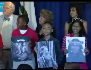 California Hall of Fame Announcement - Dr. Kevin Starr with children, including one holding photo of John Muir, July 31, 2006