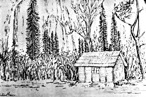 [Sketch of John Muir's cabin at the base of Yosemite Falls]