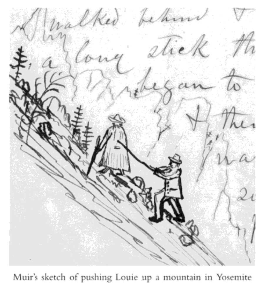 John Muir's sketch of pushing Louie up a mountain in Yosemite